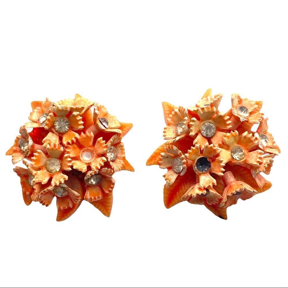 Vintage clip on cluster floral earrings orange rhinestone plastic